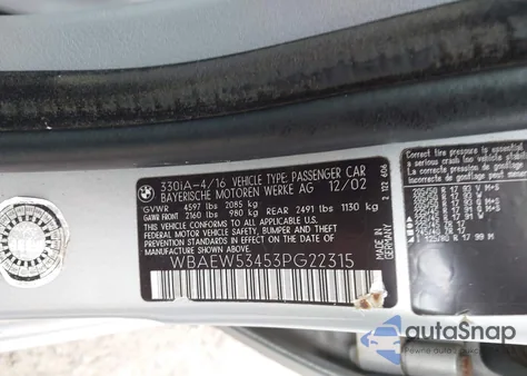 2003 BMW 330Xi from USA, damaged, VIN WBAEW53453PG22315